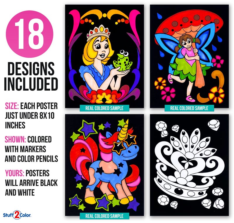 Stuff2Color Super Pack of 18 Fuzzy Coloring Posters (Unicorns & Fairy Tales Edition) - Arts & Crafts for Girls and Boys - Great for After School, Travel, Planes, Group Activities, and Coloring with Friends - Image 2